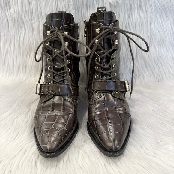 ALLSAINTS Katy Croc Ankle Boots Leather Lace Up Buckle Pointed Toe Heeled, Brown - Picture 6 of 14